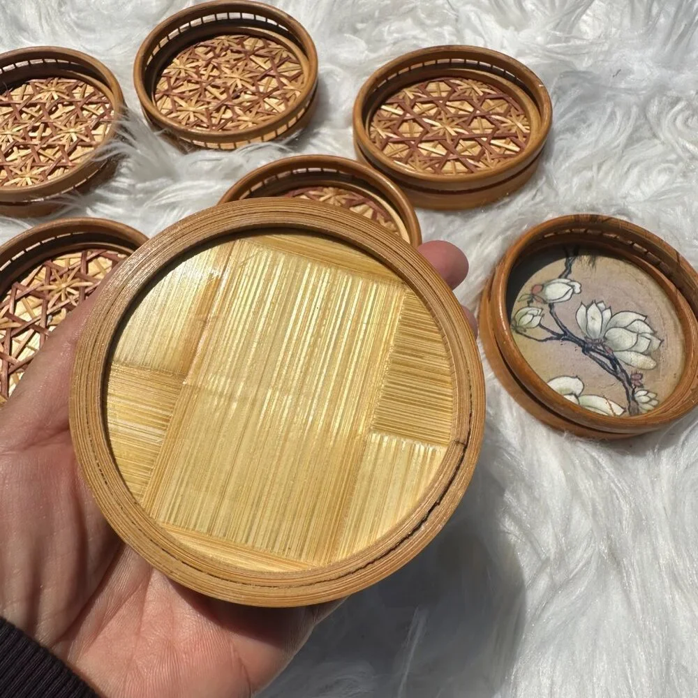 Vintage 7 Piece Set Bamboo Boho Coasters Ornate Midcentury Retro Mod Geo Decor